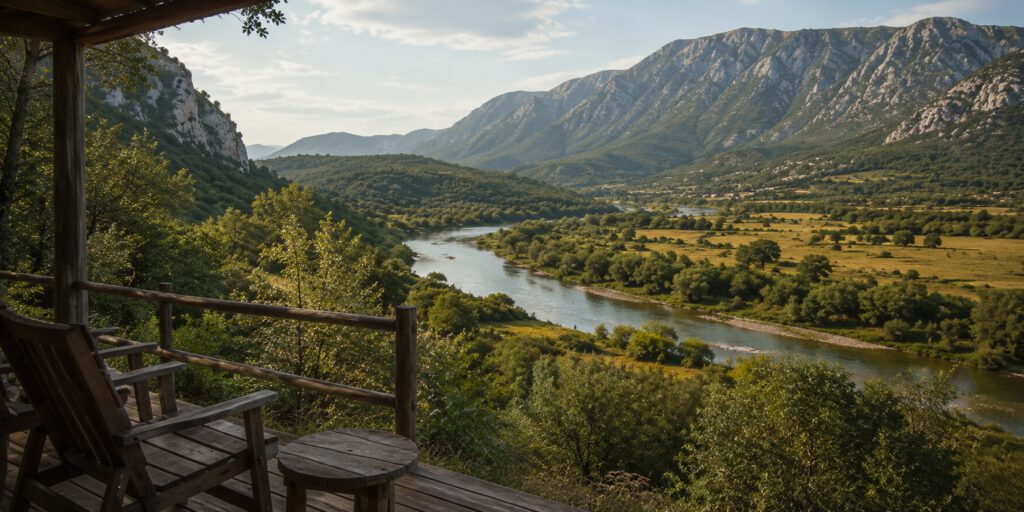 Terrasse mit Blick über Flusstal und Berge im Balkan